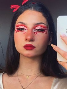 Red Makeup Looks Full Face, Queen Of Heart Makeup Ideas, Creative Red Makeup Looks, Kisses Makeup Look, Red Valentines Makeup Looks, Candy Hearts Makeup, Makeup Looks Hearts, Cupid Eye Makeup, Valentines Themed Makeup