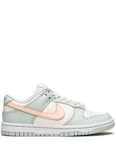 "Find NIKE Dunk Low \"\"barely Green\"\" Sneakers on Editorialist. barely green/peach/white leather panelled design signature Swoosh logo detail perforated logo patch at the tongue round toe front lace-up fastening rubber sole Release date: May 21, 2021 These styles are supplied by a premium sneaker marketplace. Stocking only the most sought-after footwear, they source and curate some of the most hard to find sneakers from around the world." Nike Tenis, Lanvin Sneakers, Sneaker Nike, Dior Sneakers, Balenciaga Sneakers, Nike Models, Baskets Nike