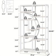 a white bookcase with four shelves and two bells on each shelf, measurements for the height