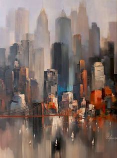 an abstract painting of a cityscape with the golden gate bridge in the foreground