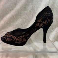 Via Spiga Size 61/2 Black Suede Dressy Shoes With 3” Heel- New Black Lace Heels With Round Toe, Lace Heels With Almond Toe, Almond Toe Lace Heels, Black Lace Heels For Night Out, Evening Lace Heels, Fitted Lace Heels For Evening, Elegant Lace Heels For Night Out, Evening Lace Fitted Heels, Lace Evening Heels