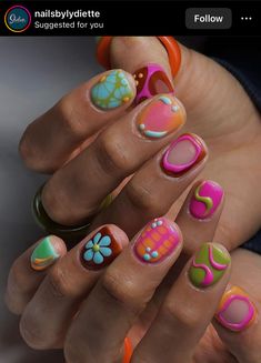 Extremely Short Nails Ideas, Happy Nail Art, Funky Short Nails, Biab Designs, Short Funky Nails, Lisa Frank Nails, Mani Designs, Hello Nails