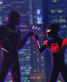 two people in black and red costumes are facing each other with city lights behind them