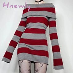 Hnewly Y2K Striped Sweater Mini Dress Mall Goth Grunge Emo Bodycon Chic Women Off Shoulder Full Ripped Jeans Style, Ripped Jeans Women, Mom Pants, Sweater Mini Dress, Mini Sweater Dress, Goth Grunge, Slim Fit Dresses, Mall Goth, Chic Woman