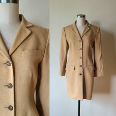 "Y2K vintage Lauren/Ralph Lauren womans camel hair coat size 8 Classic timeless single breasted camel hair dress coat. Narrow notched lapels.  Banded breast pocket and two flap front hip pockets.  Four buttons on each sleeve hem. Fully lined. Medium shoulder pads.    Tag notes 100% camel hair. Made in the USA.   Excellent vintage condition, no flaws noted.  Labeled a size 8.   Shown on modern size 8 dress form.   To assure an accurate fit please refer to the measurements below. Measurements lyin Beige Fitted Wool Coat With Notch Lapel, Fitted Beige Wool Coat With Notch Lapel, Fitted Beige Wool Coat For Formal Occasions, Formal Fitted Beige Wool Coat, Vintage Fitted Wool Coat Single Breasted, Classic Fitted Beige Wool Coat, Fitted Vintage Single-breasted Wool Coat, Fitted Camel Elegant Outerwear, Vintage Career Outerwear