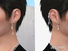 two pictures of the same person wearing earrings and chains on their head, one with an ear chain attached to it