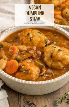 vegan dumpling stew in a bowl with carrots and potatoes