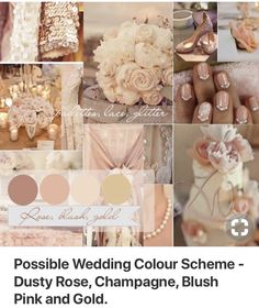 a collage of pink and gold wedding colors with flowers, laces, pearls