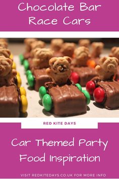 chocolate bar race cars with teddy bears in the front and on the back are candy candies