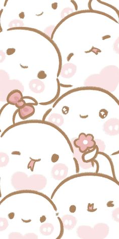 a bunch of small white teddy bears with pink bows on their heads and noses, all grouped together