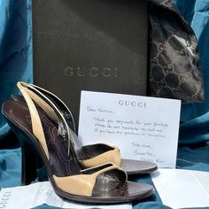 Womens Vintage Ytk Original Box & Receipt Sz 7 1/2 B Stacked Curved Heel With Dust Cover Included I Paid 398 $ Original Price After Tax ~ Can Be Resoled By Cobbler But Pull Up Pics & You’ll See How Euc These Are. Neutral Color Scheme Elongates The Leg & Adds Sophistication To Any Outfit Gucci Designer Sandals For Formal Occasions, Gucci Designer Formal Sandals, Designer Brown Pointed Toe Sandals, Designer Gucci Brown Heels, Gucci Designer Pointed Toe Sandals, Gucci Brown Heels For Formal Occasions, Designer Brown Open Heel Shoes, Designer Brown Open Heel Heels, Gucci Brown Formal Heels