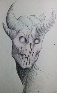 a pencil drawing of a demon with horns