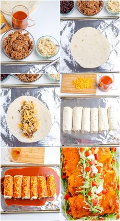 the steps to make mexican chicken enchiladas are shown in multiple pictures, including tortillas and sauces