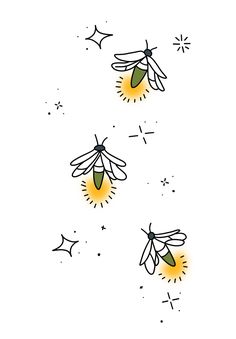 three bees flying through the air with yellow lights on their backs and wings above them