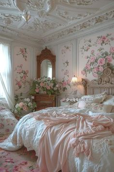 a bedroom with pink flowers on the wall and white bedding, along with an ornate chandelier