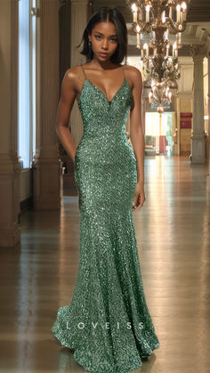 This stunning V-neck prom dress boasts spaghetti straps, sleeveless design, and sparkling sequins that will make you shine on your special night. The mermaid silhouette accentuates your curves while the V-neck adds a touch of elegance. Perfect for prom or any formal occasion, this dress is sure to turn heads and make you feel like a star. Mermaid Style Prom Dresses, Sequins Prom Dress, Homecoming Formal Dresses, Sparkly Prom Dress, Prom Dress Evening, V Neck Prom Dresses, Mermaid Sequin, Mother Wedding Dress, Sequin Prom Dress