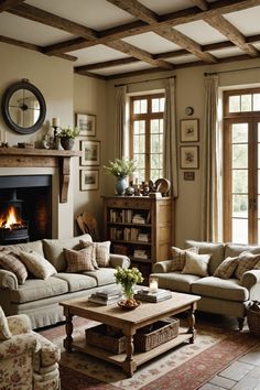 a living room filled with furniture and a fire place in the middle of a room