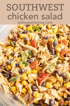 southwest chicken salad in a glass bowl with text overlay