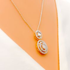 Exuding grace and glamour, this pendant set crafted in 18k yellow gold weighs 3.7g. The design spotlights a brilliant fusion of 0.93ct diamonds, with round and baguette cuts artistically layered in an oval shape. The pendant, measuring 0.75", harmonizes perfectly with the matching 0.5" earrings. Both are secured with a screw back, ensuring comfort and elegance. This GGL-certified set is a timeless choice for any occasion. PRODUCT DETAILS Gold Purity(karat): 18k Item Weight(grams): 3.7 Item Finis Dazzling Gold Oval Diamond Necklace, Gold Diamond Necklace With Brilliant Cut Oval Pendant, Dazzling Gold Diamond Necklace With Halo Design, Oval Pave Set Diamond Necklace For Wedding, Oval Diamond Necklace With Pave Setting For Wedding, Gold Diamond Necklace With Halo Design For Formal Events, Gold Pendant Set, Pendant Set, Oval Shape