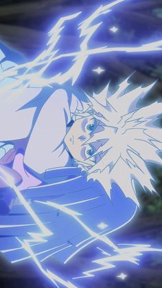 an anime character with white hair and blue eyes is holding his head in the air