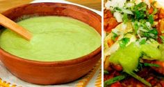 two pictures one is green and the other has white sauce in a brown bowl with a wooden spoon