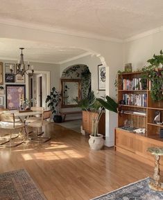 a living room filled with furniture and lots of plants on top of a hard wood floor