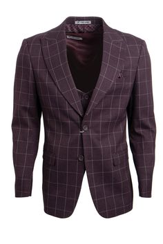 Men's Stacy Adams Two Button Vested Peak Lapel Suit in Burgundy Windowpane Plaid Slim Fit Suits With Button Closure For Fall, Fall Slim Fit Suits With Button Closure, Classic Fitted Purple Blazer, Slim Fit Fall Suits, Business Casual Long Sleeve Sets With Button Closure, Slim Fit Blazer With Button Closure, Fitted Business Casual Sets With Buttons, Fall Semi-formal Single Breasted Sets, Fall Semi-formal Single-breasted Sets