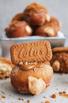 some cookies are stacked on top of each other in the middle of doughnuts