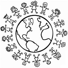 a black and white drawing of children holding hands around the earth, with one child's face drawn on it