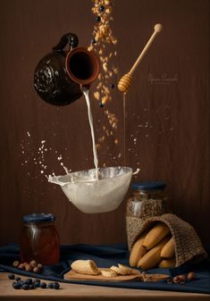 some food is being poured into a bowl