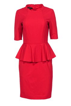 Current Boutique-Lafayette 148 - Red Short Sleeve Sheath Dress w/ Peplum Sz 4 Fit And Flare Dress With Flattering Cut For Work, Flattering Workwear Dresses With Back Zipper, Classic Dresses For Work With Flattering Cut, Workwear Dress With Pleated Waist And Fitted Bodice, Fit And Flare Mini Dress For Work, Elegant Red Peplum Dress, Chic Peplum Office Dress, Fitted Office Dress With Pleated Waist, Chic Peplum Dress For Office