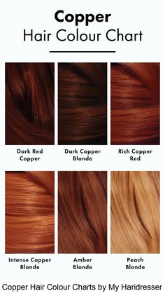 Copper Hair Colour Charts by My Haridresser Copper Hair Colour, Red Hairstyle, Red Copper Hair Color, Copper Blonde, Bold Hair Color, Sleek Updo, Hair Color Chart, Copper Hair Color, Professional Hairstylist