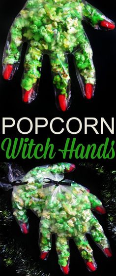 a hand made out of candy with the words popcorn witch hands on it and an image of