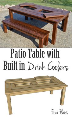 an outdoor table with built in drink coolers and bench made out of pallets