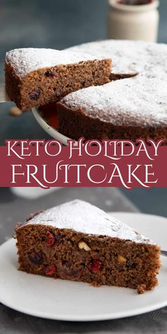 a cake that has been cut into pieces and is on a plate with the words keto holiday fruitcake