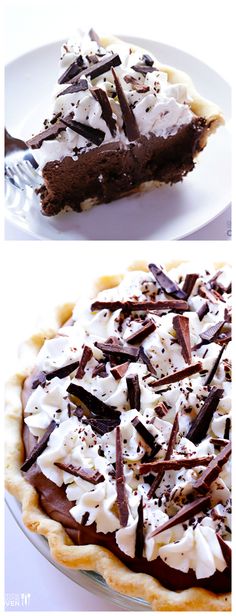 two different views of a pie with chocolate and whipped cream