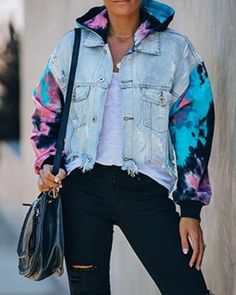 Tie Dye Jackets, Hooded Denim Jacket, Tie Dye Outfits, Long Knit, Denim Coat Jacket, Mode Vintage, Blue Jean