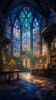 an artistic painting of a library with stained glass windows