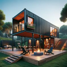 an artist's rendering of a modern house with deck and fire pit in the yard