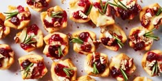 small appetizers with cranberry sauce and nuts are arranged on a white surface