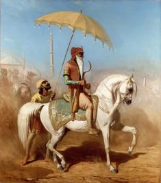 a painting of a man riding on the back of a white horse holding an umbrella