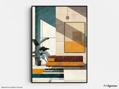 an art print of a living room with a couch and potted plant