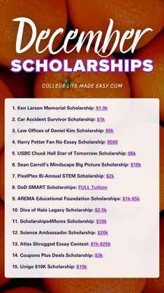 scholarships for college that you need to apply for this winter! All have application due dates in December - click for the whole list and where to apply 👆 78 school scholarship opportunities Easy Scholarships For College 2024, Scholarships For College 2024-2025, Easy Scholarships, High School Scholarships, College Help, Graduate Scholarships, Nursing Scholarships, College Information