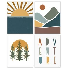 four prints with mountains, trees and the words adventure written in different colors on them