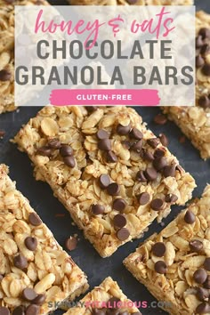 granola bars with chocolate chips on top and text overlay that reads honey oats chocolate granola bars gluten - free