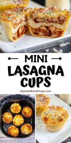 mini lasagna cups with meat and cheese in them on a white plate next to other