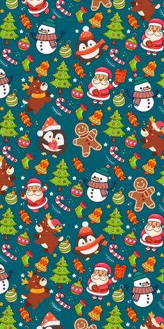 christmas seamless background with santa, snowman and other holiday related items on blue