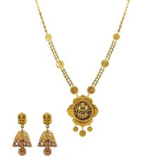 An image of the Antique Medallion 22K gold necklace set from Virani Jewelers. Yellow Gold Filigree Jewelry For Puja, Temple Jewelry In Yellow Gold And Dual-tone, Temple Jewelry Dual-tone Yellow Gold Jewelry, Dual-tone Yellow Gold Temple Jewelry, Yellow Gold Round Temple Necklace With Meenakari, Temple Style Dual-tone Yellow Gold Jewelry, 22k Yellow Gold Jewelry Sets For Puja, Festive Gold Dual-tone Temple Necklace, Festive Dual-tone Gold Temple Necklace