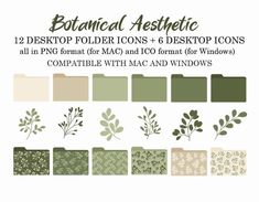 an assortment of different types of desktop folders and desktop icons with text that reads,'botanical aesthetic 12 desktop folder icons & desktop icons 4 desktop icons all in png format