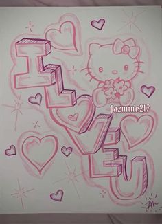 a drawing of hello kitty with hearts and the words i love you